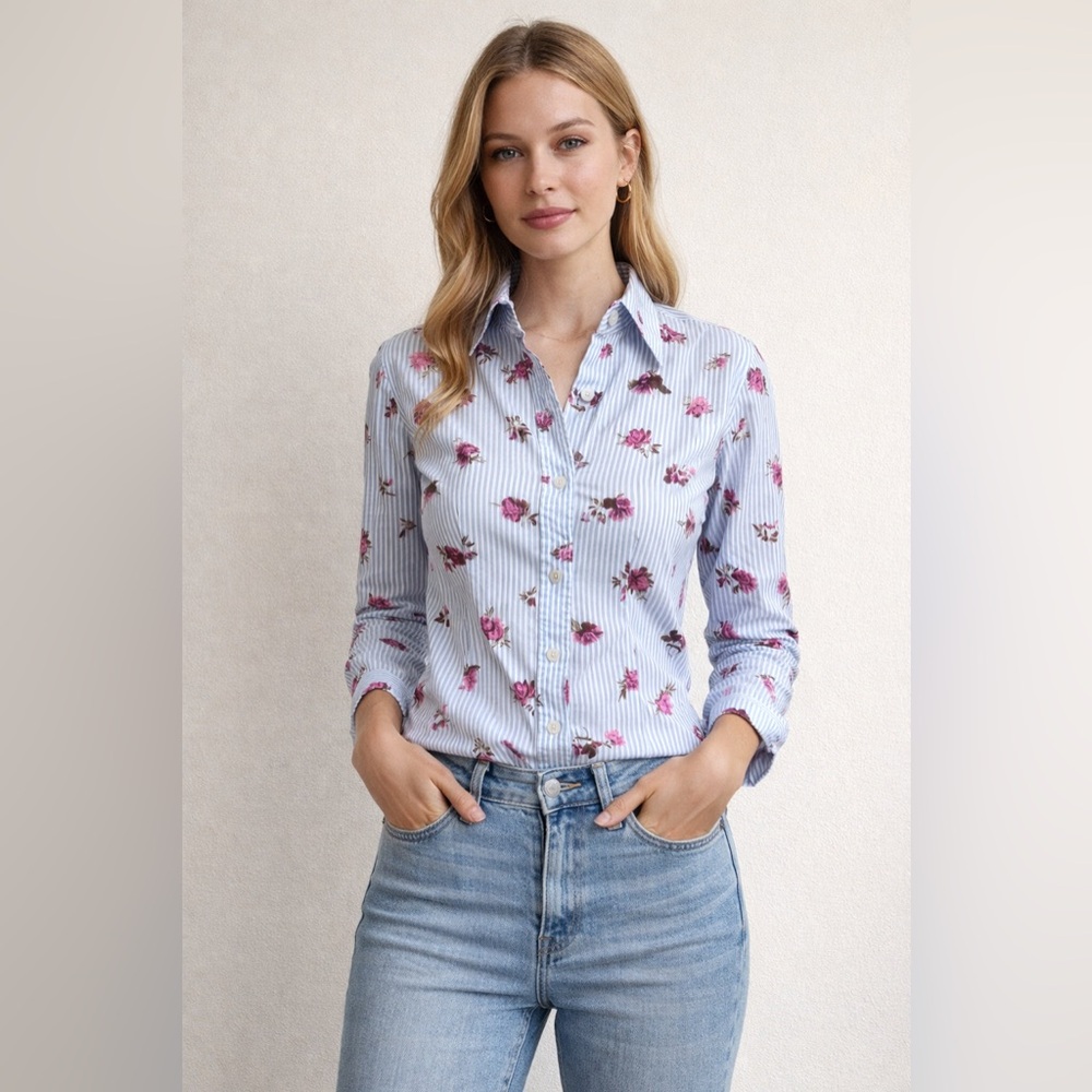 Caliban Italy Floral Stripe Button Down Shirt Small Blue Pink EUC